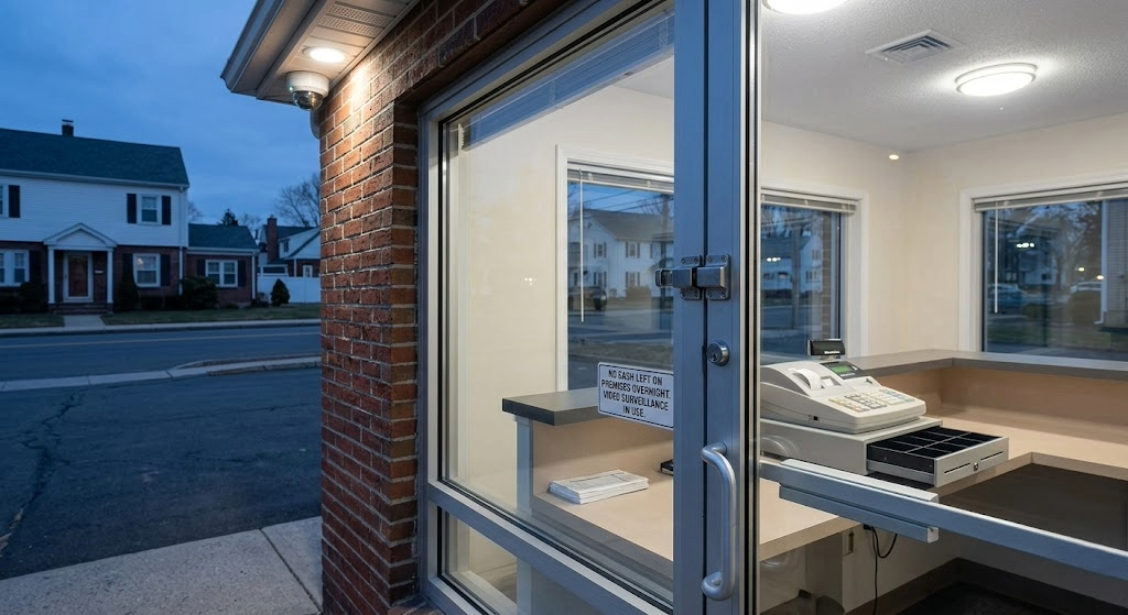 A photograph of a small commercial business entrance at twilight, featuring an external surveillance camera. Through the glass door, a security sign is visible that reads 'NO CASH LEFT ON PREMISES OVERNIGHT'. Inside, a cash register is shown with its drawer open and empty. A residential street is in the background.