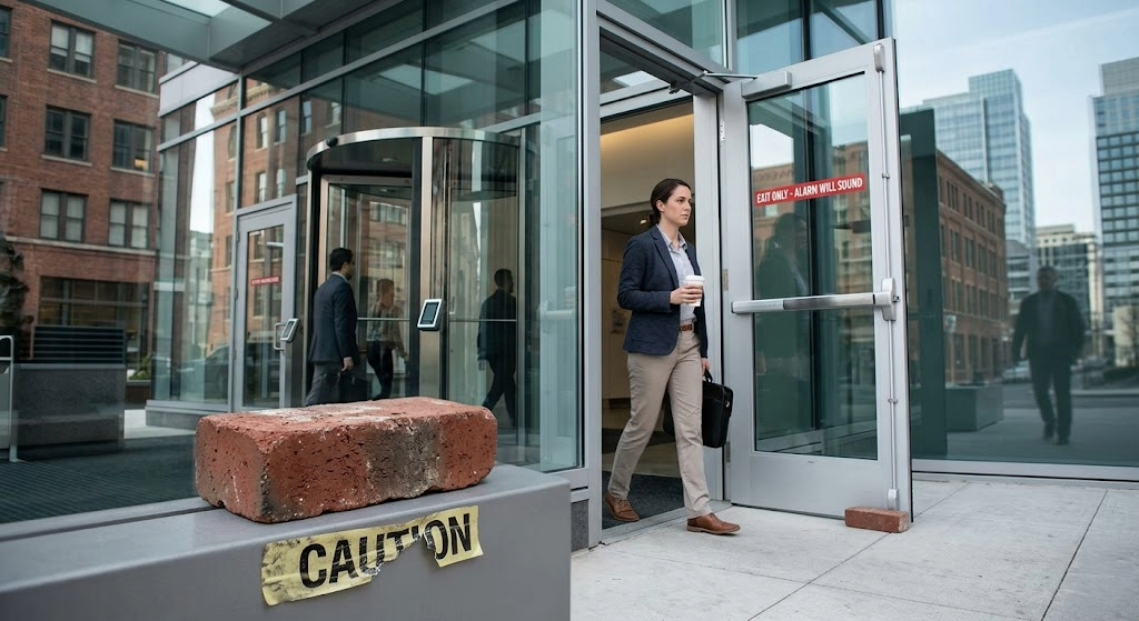 A photo-realistic photograph of a corporate building entrance. In the background, modern glass and metal revolving doors are secure. In the foreground, an auxiliary glass door marked 'EXIT ONLY' is held open by a weathered red brick. A person dressed in business casual attire walks through the propped-open door, bypassing the main security entrance.
