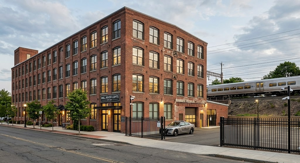A photo-realistic wide shot of a four-story red brick industrial building converted into "Mill River Lofts" in a Connecticut town. A modern commuter train passes on an elevated track immediately behind the building. The foreground features a secure parking area with a black iron fence, visible security cameras, and a silver security patrol vehicle parked near a loading bay. The sky is a soft dusk blue, with warm light reflecting off the large industrial-style windows.